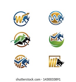 Bull trade logo set. Chart bar statistic, stock exchange, business vector logo design template.