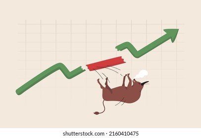 Bull Trap oder Bull Run, Volatilität an den Aktienmärkten. Der Preis kehrte schnell wieder zurück. Grafik, Börse, Financial, Bitcoin. Der Stier fiel von der Pfeilkarte.