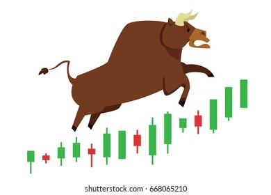 Bull treading on the stock market. 
bull (market) running up on technical graph. 
Stock exchange market bulls metaphor. Growing, rising up stock price. 
Trading Flat style vector illustration EPS10.