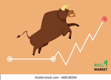 Bull Treading On The Stock Market. 
Bull (market) Running Up On Technical Graph. 
Stock Exchange Market Bulls Metaphor. Growing, Rising Up Stock Price. 
Trading Flat Style Vector Illustration EPS10.