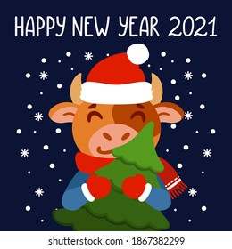 Bull with tree. Ox with fir tree. Symbol of the Chinese New Year 2021. Xmas greeting card, poster design. Vector illustration with cute character. Hand drawn lettering quote.