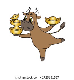 The bull tries to keep his balance by holding the gold bars. Sticker, vector children's design for banners, postcards and social networks.