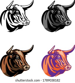 Bull, various images of the bull's head, various graphics and color images, portrait