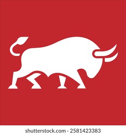 Bull Vector. Angry bull logo design isolated on red background. Bull silhouette. Aggression wild bull attack position logo design inspiration