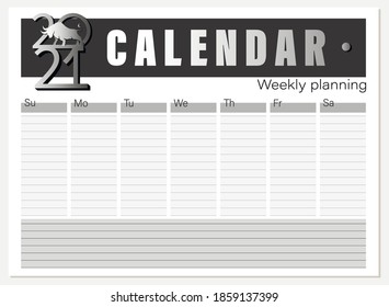 Bull. Calendario vectorial, planificación semanal. Diario horizontal del planificador de páginas. Año Nuevo Chino 2021. 