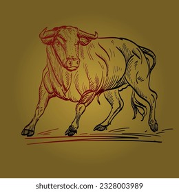Bull vector drawing in freehand sketch style. Animal in motion, for the design of life