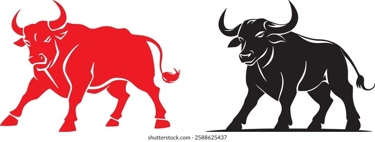 Bull Vector Illustration: Red and Black Silhouette on White Background