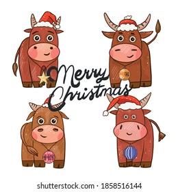 Bull vector sticker set for the new year. Bison or buffalo Symbols of the year. Different animal poses according to the Chinese calendar