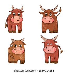 Conjunto de stickers vectoriales de toros para el año nuevo. Símbolos de Bison o búfalo del año. Exposiciones de diferentes animales según el calendario chino