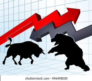 Bull versus a bear characters in silhouette with stock market or profit graph in the background