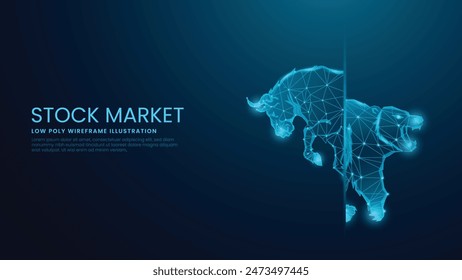 Bull vs Bear Concept en el mercado de valores, Forex Trading y Crypto. Ilustración vectorial alcista digital vs bajista de estructura de alambre de bajo poli sobre fondo azul tecnológico.