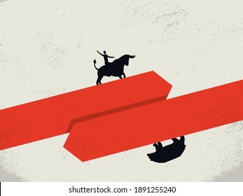 Bull vs bear market trends business vector concept. Businessman riding bull. Symbol of trading. Eps10 illustration.