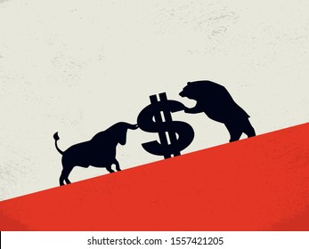 Bull vs bear market vector concept with dollar sign as symbol of stock exchange. Economic, investment fight. Buying vs selling strategy. Eps10 illustration.