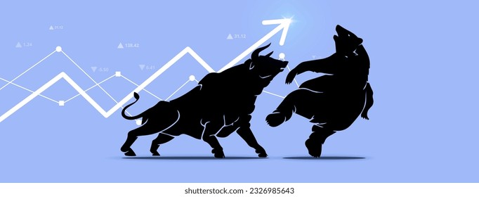 Bull vs bear stock exchange market vector concept with animal icons fighting. Symbol of bearish and bullish trends on markets, financial investment and profits vs losses