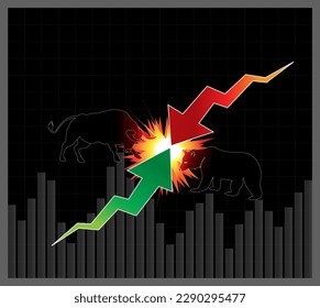 Bull vs Bear symbole de la tendance boursière Illustration vectorielle, Bourse, graphique flèches vert vers le haut ou rouge vers le bas, Bourse isolée, Courbe taureau ou tendance haussière du marché en monnaie cryptée ou en actions. 