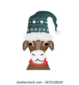 A bull in a warm winter hat. Deer in a green hat with a vintage pattern. Suitable for the design of postcards and books. Vector illustration. Flat style.