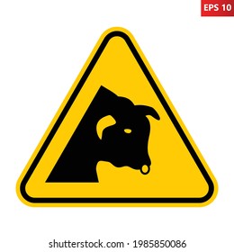 Bull warning sign. Vector illustration of yellow triangle sign with bull head icon inside. Caution vicinity of bulls. Danger area. Risk of injury.