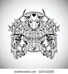 Bull Warrior Armor Illustration Drawing Outline. Beast with the spirit of spartan warrior of war and fight with his best armor come from the best blacksmith. Good for drawing practice, t shirt design.