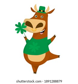  Bull wearing Leprechaun Hat. Cartoon Bull with clover. St. Patrick's Day vector illustration.Postcard, poster, banner, print design.