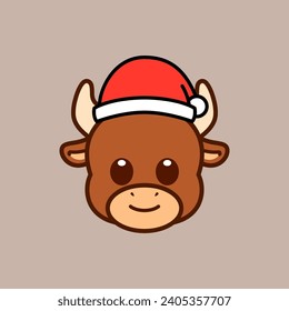 Bull Wearing Santa Hat Illustration