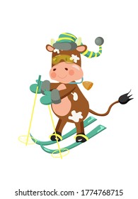 A bull wearing striped hat, mittens and glasses skiing. Vector illustration.