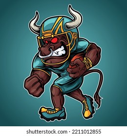 the bull who became the mascot of American football complete with player clothes, and the position of the body that was running while holding the ball in his hand.