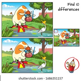 Bull wishing to go diving in a rustic pond. Find 10 differences. Educational game for children. Cartoon vector illustration