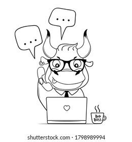 Сute bull works in the office with a laptop. Cartoon bull answers calls and messages. Symbol of 2021. Vector illustration