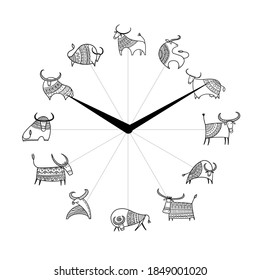 Bull Year. Clock Design. Lunar horoscope sign. Happy new year 2021. Bull, ox, cow. Template for your design - poster, card, invitation. Vector illustration