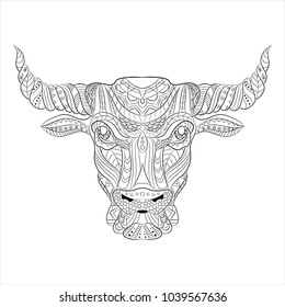 Bull zentangle style on white background for coloring book, tattoo, t-shirt design, logo, sign, bag, postcard, poster. Stylized illustration of patterned bull . Vector illustration. Eps10