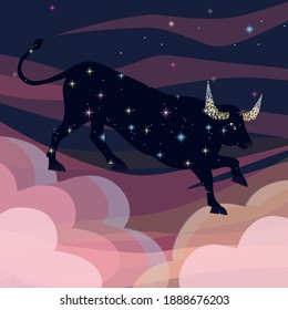 Bull zodiac. Año nuevo chino 2021 del buey. El cielo estrellado y las nubes de fondo.