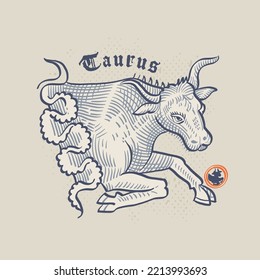 Bull zodiac sign. Astrology illustration in medieval engraving style with gothic lettering. Ink dim colored emblem perfect for vintage premium identity, horoscope posters, luxury packaging.