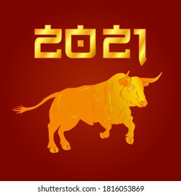 The bull is the zodiac symbol of 2021. Year Of The Bull. Golden bull on a red background. Illustration for New year and Christmas.