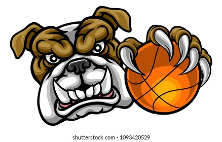 A bulldog angry animal sports mascot holding a basketball ball 