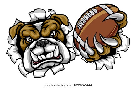 A bulldog angry animal sports mascot holding an American football ball and breaking through the background with its claws