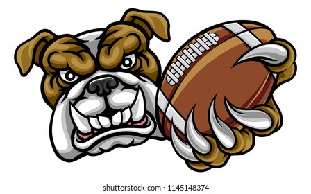 A bulldog angry animal sports mascot holding an American football ball 