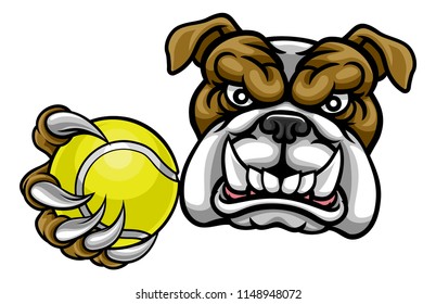 A bulldog angry animal sports mascot holding a tennis ball 