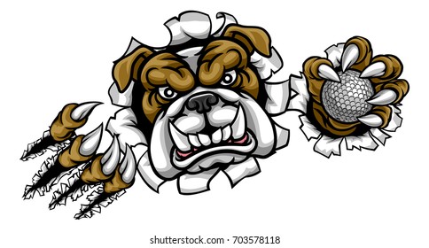 A bulldog angry animal sports mascot holding a golf ball and breaking through the background with its claws