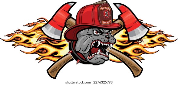 Bulldog angry head in flame of fireball. Firefighter Bulldog and cross Ax