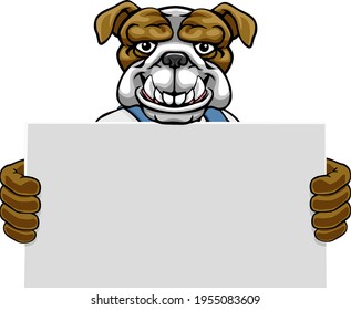 A bulldog animal construction cartoon mascot handyman or builder maintenance contractor holding a sign