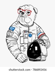 Bulldog astronaut, hand drawn vector animal illustration, for t-shirt print and other uses.