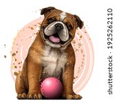 Bulldog with the ball. Wall sticker. Color, graphic portrait of an English bulldog in watercolor style on a white background. Separate layers. Digital vector graphics.