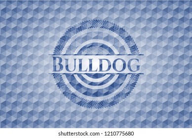 Bulldog blue badge with geometric pattern background.