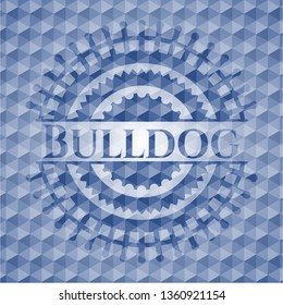 Bulldog blue emblem with geometric pattern background.