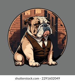 Bulldog with boss suit in city background