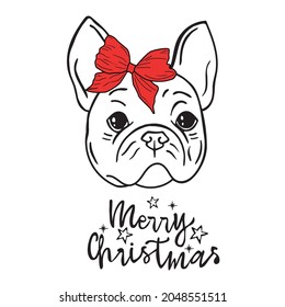 bulldog with a bow. christmas card. inscription merry christmas. svg