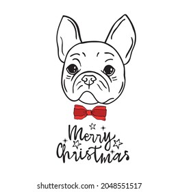 bulldog with a bow. christmas card. inscription. Merry christmas lettering. svg