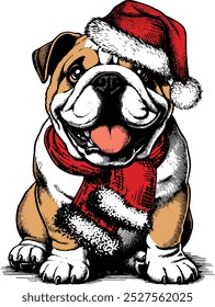 Raça de buldogue em chapéu vermelho de Papai Noel, Cão de Natal engraçado, Feriado de inverno de cão de Natal, Cão de Natal bonito