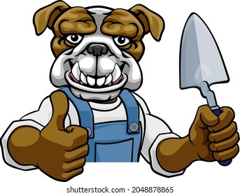 A bulldog bricklayer builder construction worker mascot cartoon character holding a trowel tool and peeking around a sign giving a thumbs up