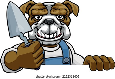 A bulldog bricklayer builder construction worker mascot cartoon character holding a trowel tool and peeking around a sign